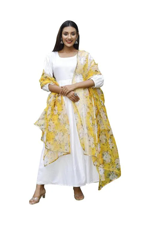 KARA ART HOUSE Women Yellow Floral Silk, Organza Floral Dupatta (2.5 Meter)
