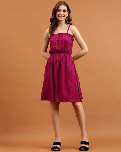 Globon Fashion Women High Quality Viscose Rayon Burgundy Solid Fit and Flare Dress-M.