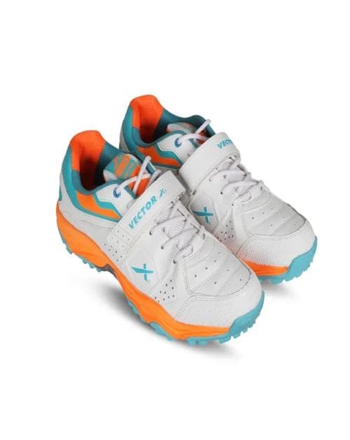 Vector X Rubber Spikes Cricket Shoes for Men's (White-Blue-Orange)
