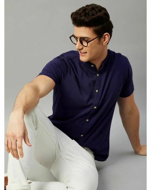 Gritstones Men Navy Blue Color Half Sleeve Plain Cotton Blend Shirt