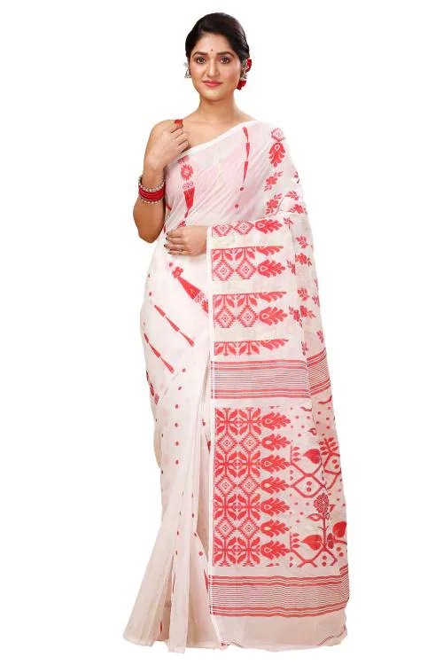 Happy creation Pure Bengali Cotton Tant Jamdani Saree without blouse piece sada tin pata hard