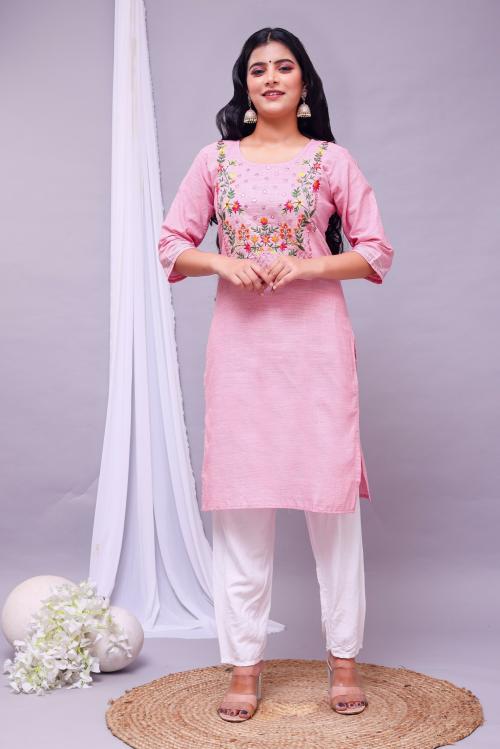 Feauty Pink Coloured Cotton Flower Embroidery Kurti