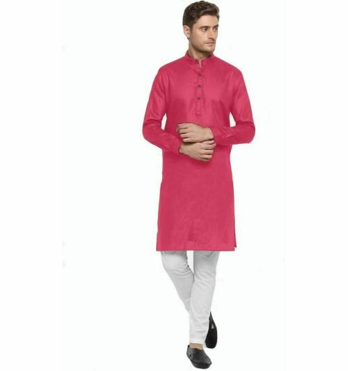 JHEENU Parinaaz Men Pink Solid Cotton Blend Kurta - XXL