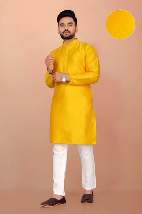 ETHNIC TROVE Men Cotton Kurta Mens Model Silk Ethnic Wear Kurta Knee Length Self Design Kurta, Wedding Kurta , Haldi Kurta, Party Wear Kurta, Engagement Kurta, Regular Fit Kurta-YELLOW-M