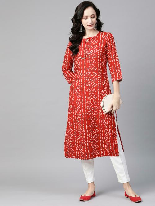 Piroh Womens Bandhani Print Straight Kurta (Red) | kurta| kurta women| kurta for women| kurtas