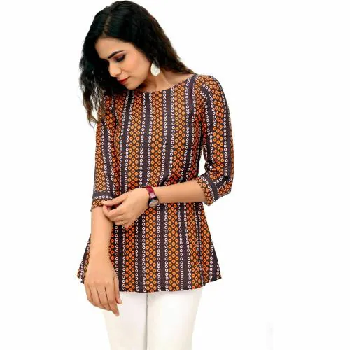 PRIMELADY Women Orange Floral Cotton Silk Round Neck Tunic Top (XXL)