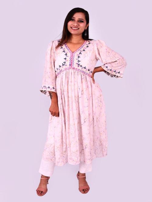 Weavers Saga Printed Muslin Silk Embroider Aliya Style Kurta, Womens Silk Kurta- Pink, (Pack Of 1)-XL