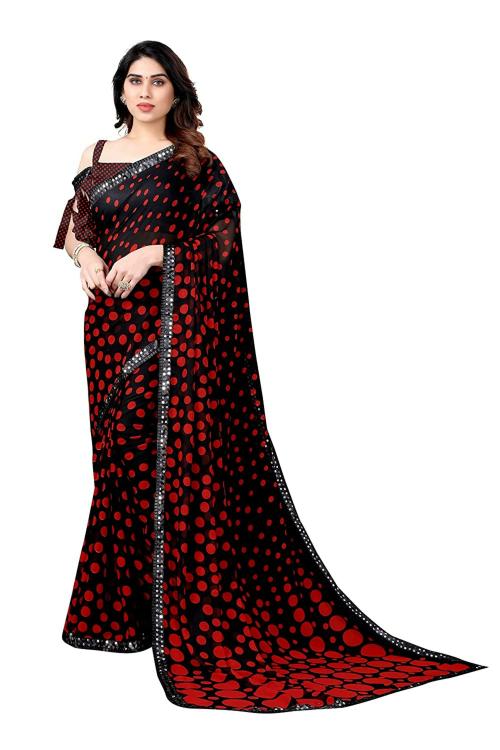 FESHILIOUSMISILY Women Red Polka Print Georgette Saree With Blouse Piece