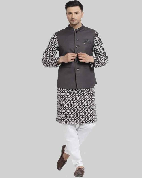 MOHANLAL SONS Men Black Chikankari Pure Cotton Kurta with Trousers & Nehru Jacket
