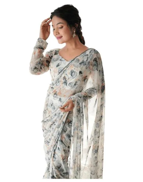 Sidhidata Women's Georgette Printed Ready To Wear one Minute Saree With Unstitched Blouse Piece (Black Leaf_Free Size) Black