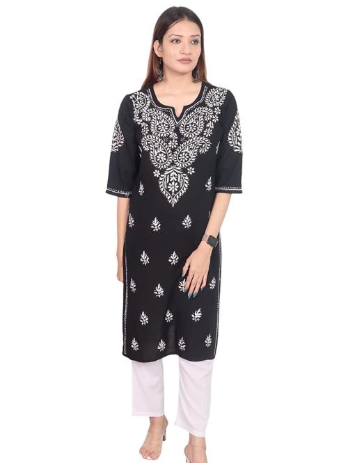 Indicraft Women Black Chikankari Embroidery Rayon Kurti - S