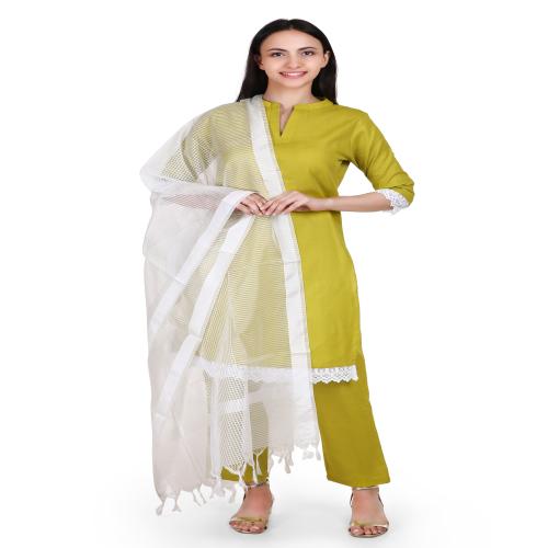 Be Dressed Women's Cotton - Linen Suit Set with Banarasi Duptta | Colour- Green | Trendy Suit For Women