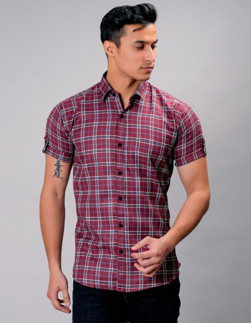BASE 41 Men Maroon Checkered Cotton Blend Casual Shirts