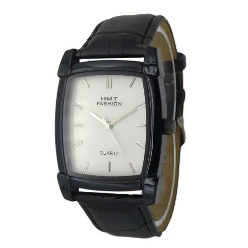 HMT FASHION Watch for Men, Quartz Rectangular White Dial Leather Strap Analogue Watch for Unisex and Girls (White Dial- Black Starp)