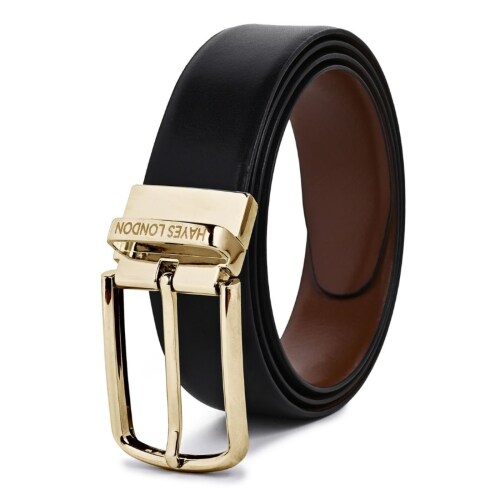 HAYES LONDON Italian Leather Reversible Belt for Men, Original Top Grain Formal and Casual Belt, Lifetime Leather Warranty (42, Plain Gold)