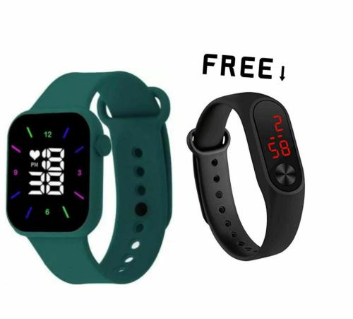 MVS Digital Rectangular Dial Watches| Glowing Light| Heart Symbol| for Boys & Girls| (Pack of 2) Green