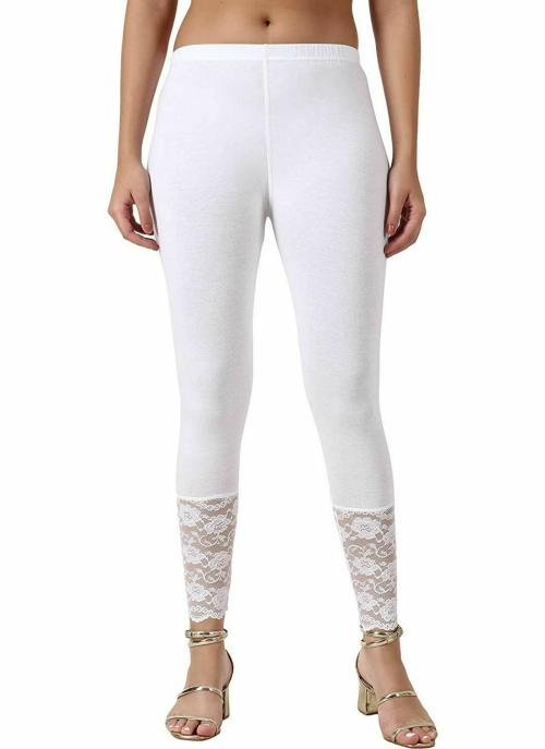 Colorscube Designer latest Cotton Ankle Length Bottom wear fancy Leggings for women with net lace Regular Fit Solid leggings