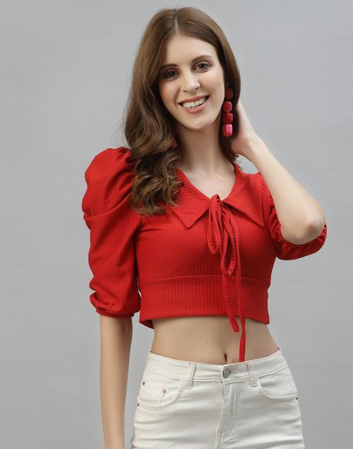 Selvia Women Red Solid Cotton Blend Top | tops for women | tops | women tops