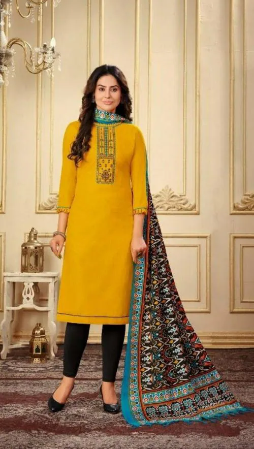 Aarshi Fashions Yellow Cotton Kurta with Cotton Black Churidar and Manipuri Silk Black Dupatta | Unstitiched Ethnic Salwar Suit Set