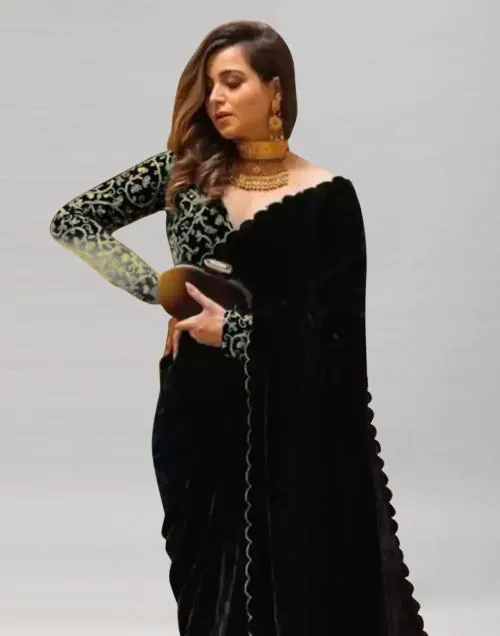 Satrani Velvet Black Color Saree with Blouse piece | sarees for Women| saree | sarees