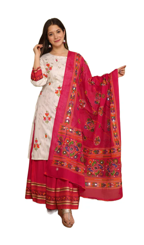 Clickedia Womens Fully Stitched Rayon Printed Straight Kurti with Mirror Work , Embroidered and Cotton Dupatta with Pants Jaipuri Salwar Suit