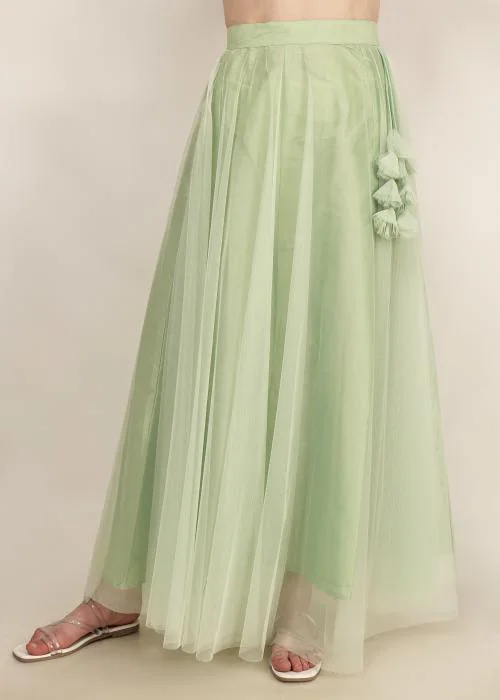 Frolic Rolic Women Organza Light Green Solid Flared Maxi/Long Skirt