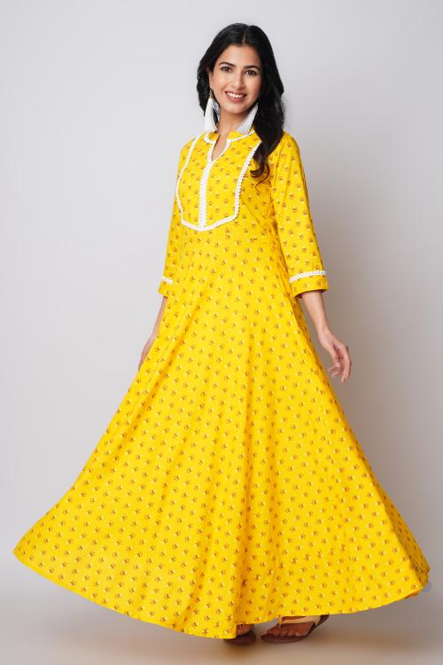 Yellow Colored Rayon Floral Printed Long Flared Dress