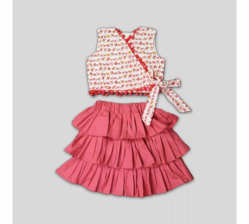 Vastrakriti By Swati Ruffled Skirt With Angrakha Style (Wrap) Top - Pink