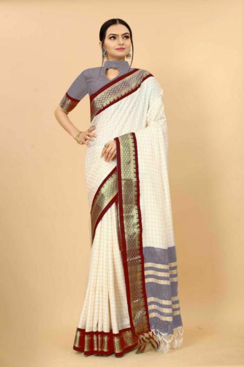 JUHI COLLECTION Nikhila White Grey Solid/Plain Cotton Silk Saree for Women
