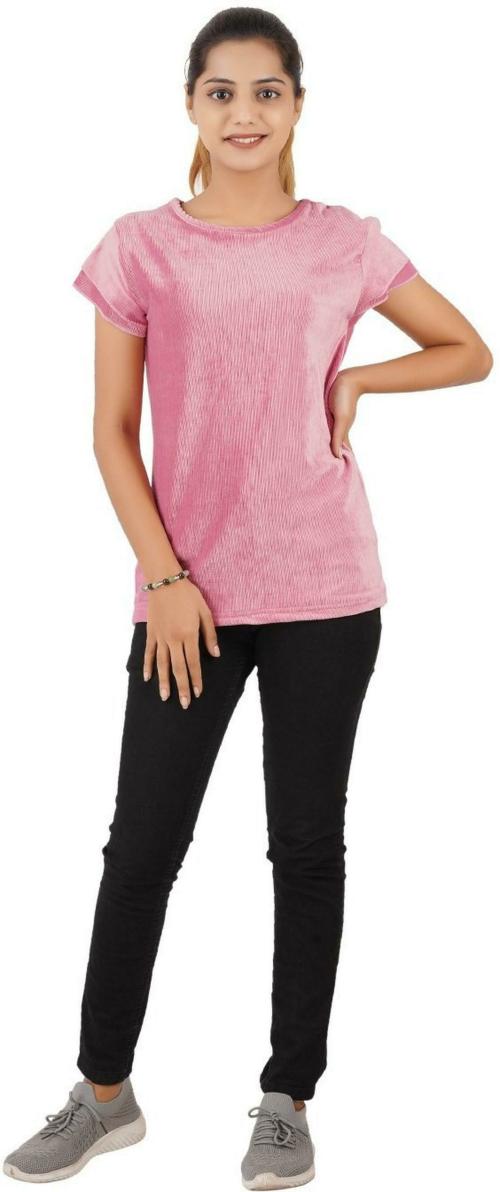 COC COLOURS OF COTTON Women Pink Solid Velvet T-Shirt (Small)
