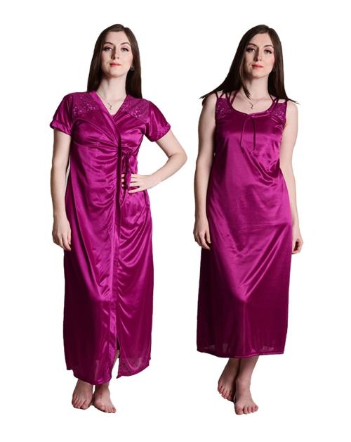 Women's Wine Satin Nightwear 2 Pc Set of Nighty & Wrap Gown Nighty Set