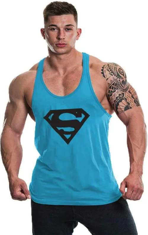 THE BLAZZE Turquoise Blue Printed Cotton Blend Gym Vest L