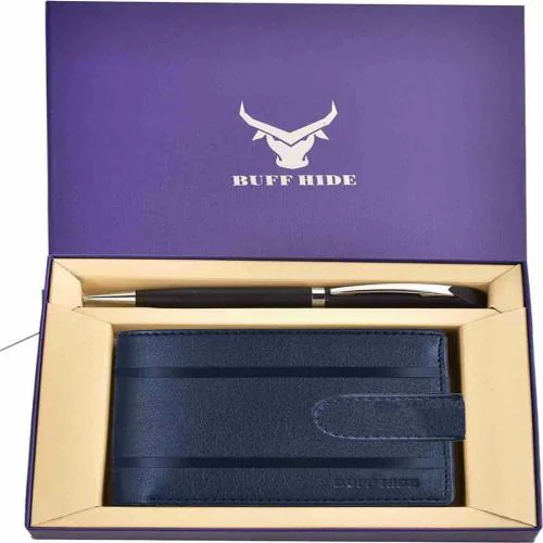 BUFFHIDE Blue Genuine Leather RFID Wallet And Pen Combo For Men (5 Card Slots) -