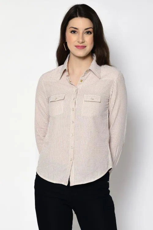 Pretty Loving Thing Collared Full Sleeves Striped Cotton Tops for Women Brown