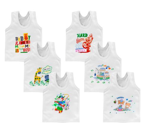 Akido Kids Cotton White Printed Vest for Boys Innewear for New born Baby Boy (Pack of 6)