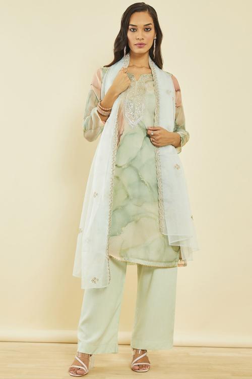 Soch Womens Sap Green Organza Abstract Print Dress Material With Sequins