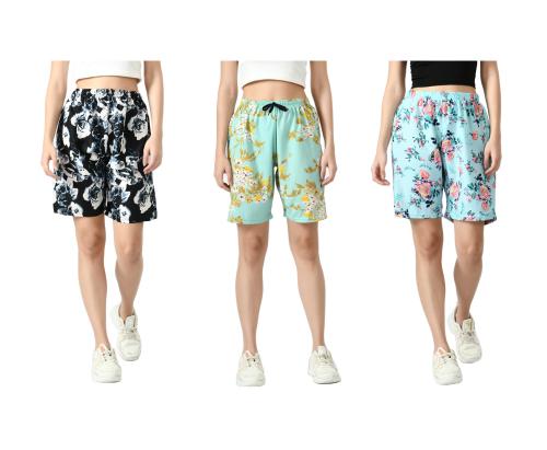 IndiWeaves Crepe Digital Floral Printed Shorts for Women [Pack of 3]