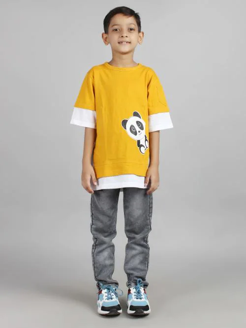 BHUJWAAL Hip-Hop Round Neck Half Sleeve Regular Fit T-Shirt for Kids | Oversized Tshirt Mustard Panda Print (Boys (Boys ) (12-13 Years)