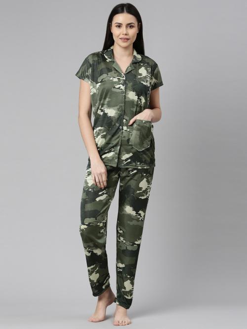 Loody'S Women Green Abstract Satin Night Suit Set (M) | Satin Nighties | M Nighties | Night wear | Sleepwear / Night Dress