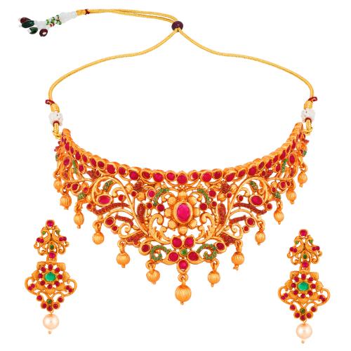 Buy Aadita Temple Design Matte Gold Plated Necklace Jewellery Set ...
