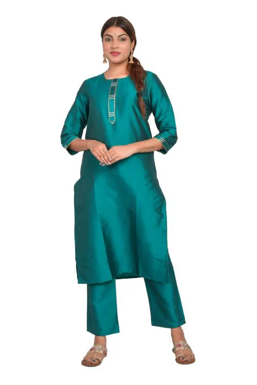 Riara Women Solid Straight Kurti Set Casual Regular Flared Suit Ladies Kurta with Pant (XX-Large, Teal)