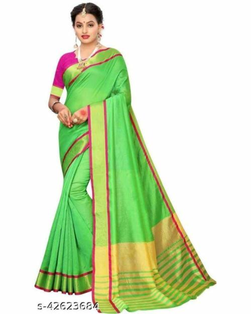 VKARAN Women's Green Cotton Silk Plain Saree With Blouse