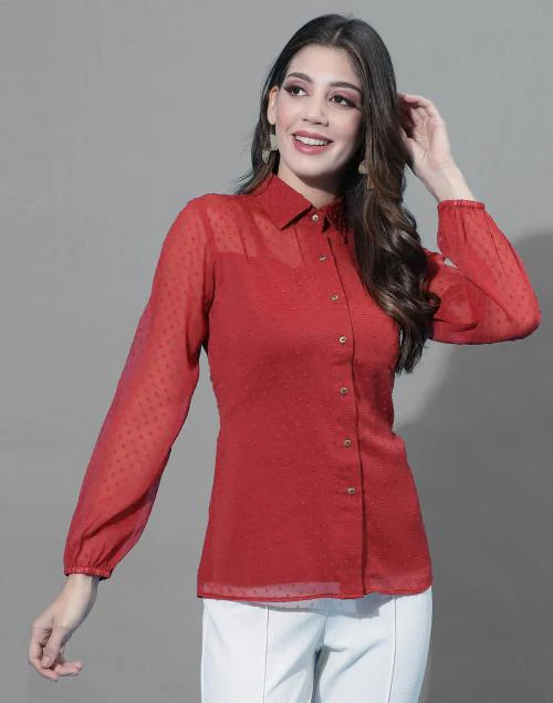 Selvia Women Red Self Design Georgette Formal Shirts | tops for women | tops | women tops