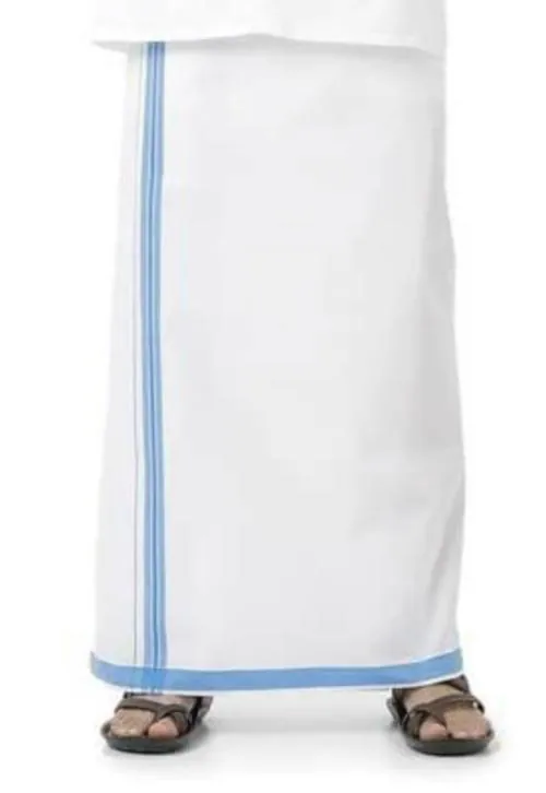 Uathayam Men Sky Blue Solid Cotton Dhoti with Small Border