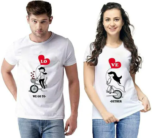 DE TEES Couple White Printed Pure Cotton Tshirt (M)