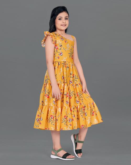 Fashion Dream Girls Yellow Floral Printed Crepe Frock | Dresses| Kids Wear| Girls Dress| Kids Dress| Frock| Frock Girls| Girls Frock| Dresses For Girls| Kids Girl Dress| Frock For Girls | Tiered Dress |Midi Dress | One Shoulder Dress