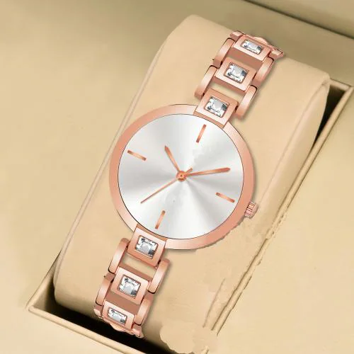 ILOZ Luxury New Stylish Diamond Rose Gold Silver Dial Rich Looking Fashioneble Analog Quartz wrist Watch-for Girls