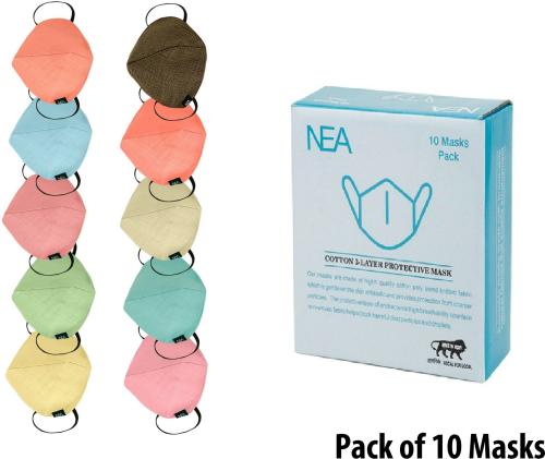Nea Multicolor Water Resistant, Reusable And Washable Cotton 3-Layer N95 Protective Respirator Face Mask With Melt Blown Fabric Layer For Unisex - Pack of 10, 3 Ply