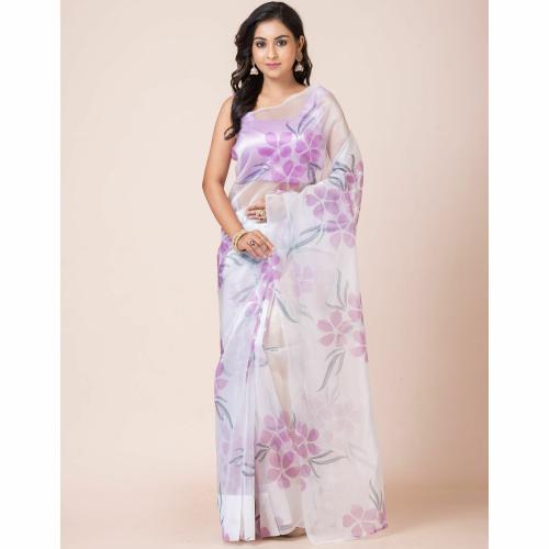Tirthveer Foil Paint Organza Printed Saree for Women | Lightweight & Stylish Saree for Festive & Party Wear | Soft Organza Fabric with Beautiful Foil Design | Purple | FreeSize