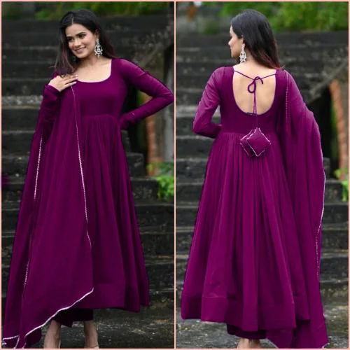 Thapnath Woman Fit & Flared Purple Dress With Dupatta